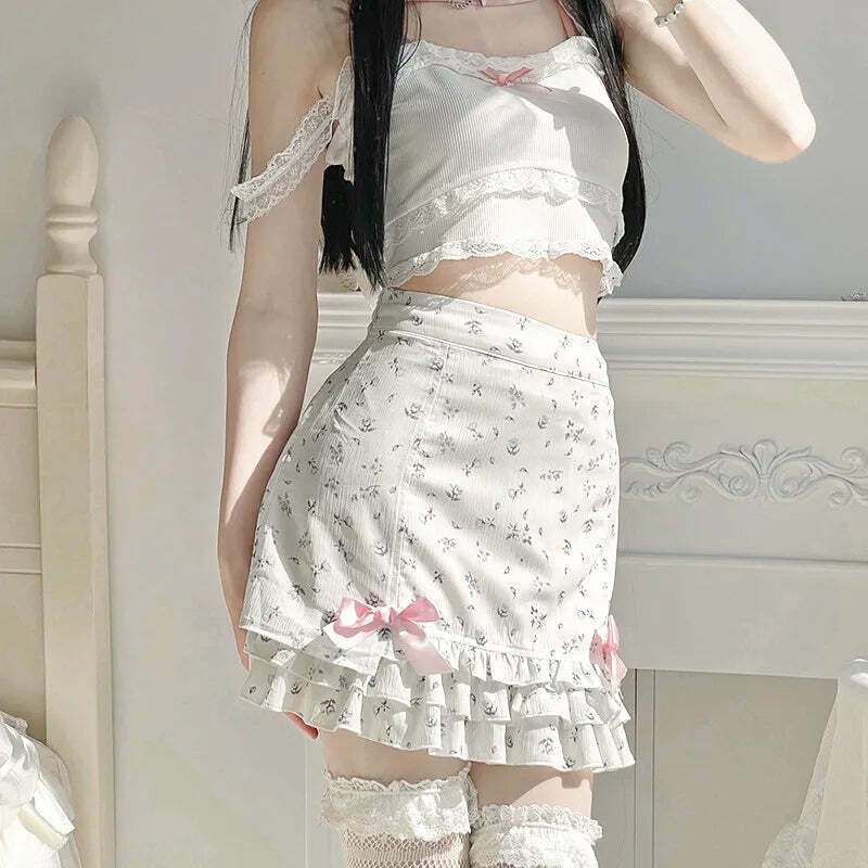 Y2K Floral Ruffle Mini Skirt - 90s Grunge, Retro Summer Outfit, Pastel Goth, Y2K Party Look