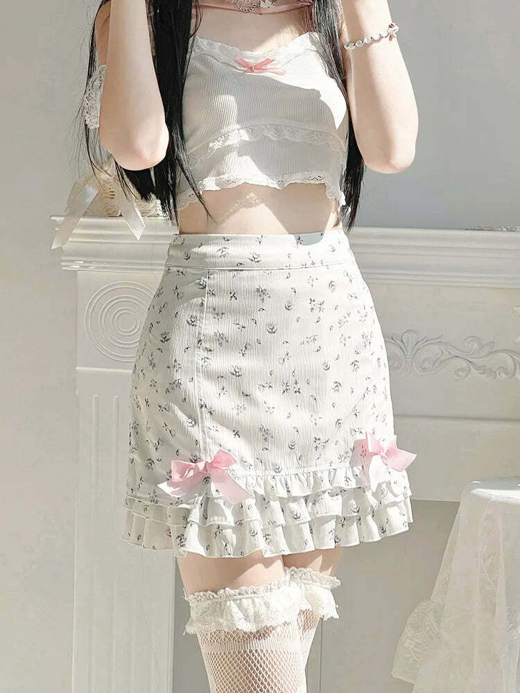 Y2K Floral Ruffle Mini Skirt - 90s Grunge, Retro Summer Outfit, Pastel Goth, Y2K Party Look