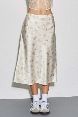 Y2K Floral Satin Midi Skirt & Top - Retro 90s Grunge Summer Outfit, Pastel Goth Y2K Fashion
