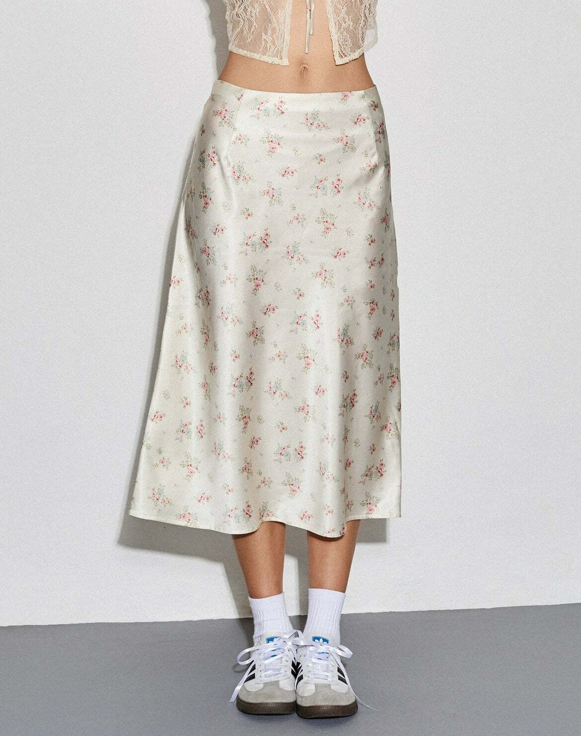 Y2K Floral Satin Midi Skirt & Top - Retro 90s Grunge Summer Outfit, Pastel Goth Y2K Fashion