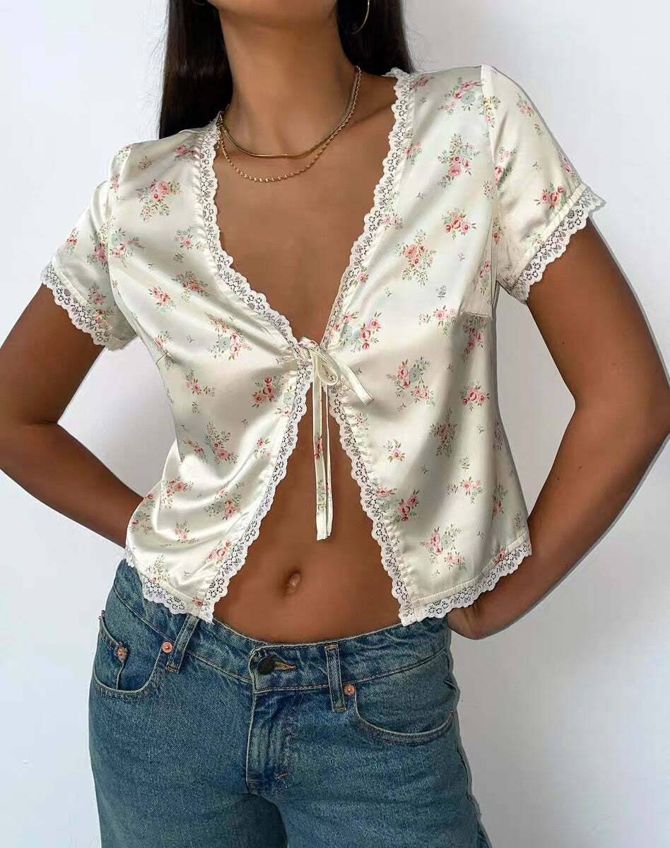 Y2K Floral Satin Midi Skirt & Top - Retro 90s Grunge Summer Outfit, Pastel Goth Y2K Fashion
