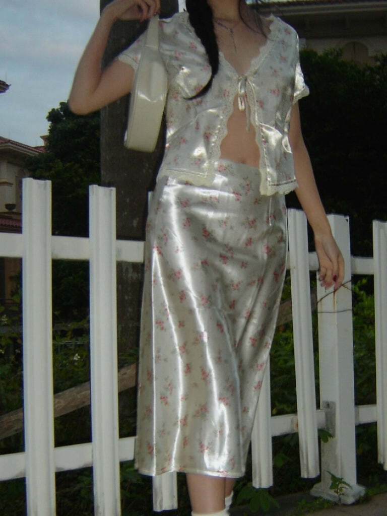 Y2K Floral Satin Midi Skirt & Top - Retro 90s Grunge Summer Outfit, Pastel Goth Y2K Fashion