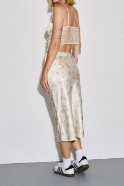 Y2K Floral Satin Midi Skirt & Top - Retro 90s Grunge Summer Outfit, Pastel Goth Y2K Fashion