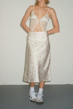 Y2K Floral Satin Midi Skirt & Top - Retro 90s Grunge Summer Outfit, Pastel Goth Y2K Fashion