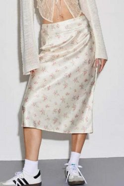 Y2K Floral Satin Midi Skirt & Top - Retro 90s Grunge Summer Outfit, Pastel Goth Y2K Fashion