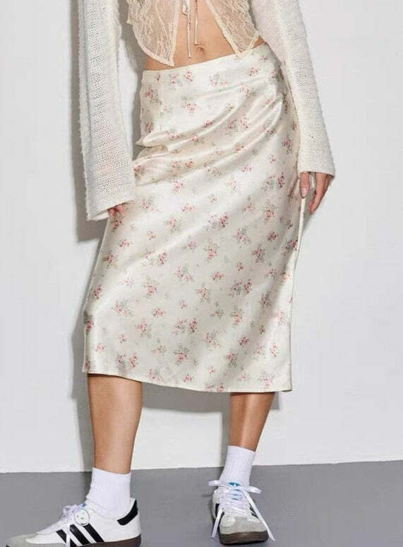 Y2K Floral Satin Midi Skirt & Top - Retro 90s Grunge Summer Outfit, Pastel Goth Y2K Fashion