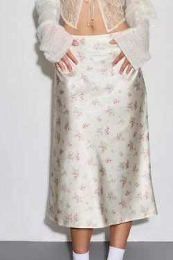 Y2K Floral Satin Midi Skirt & Top - Retro 90s Grunge Summer Outfit, Pastel Goth Y2K Fashion