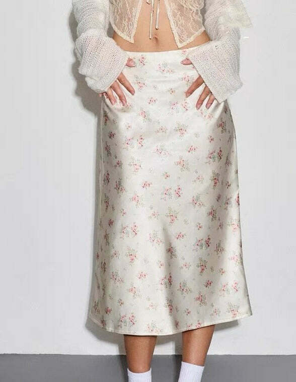 Y2K Floral Satin Midi Skirt & Top - Retro 90s Grunge Summer Outfit, Pastel Goth Y2K Fashion