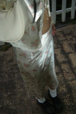 Y2K Floral Satin Midi Skirt & Top - Retro 90s Grunge Summer Outfit, Pastel Goth Y2K Fashion