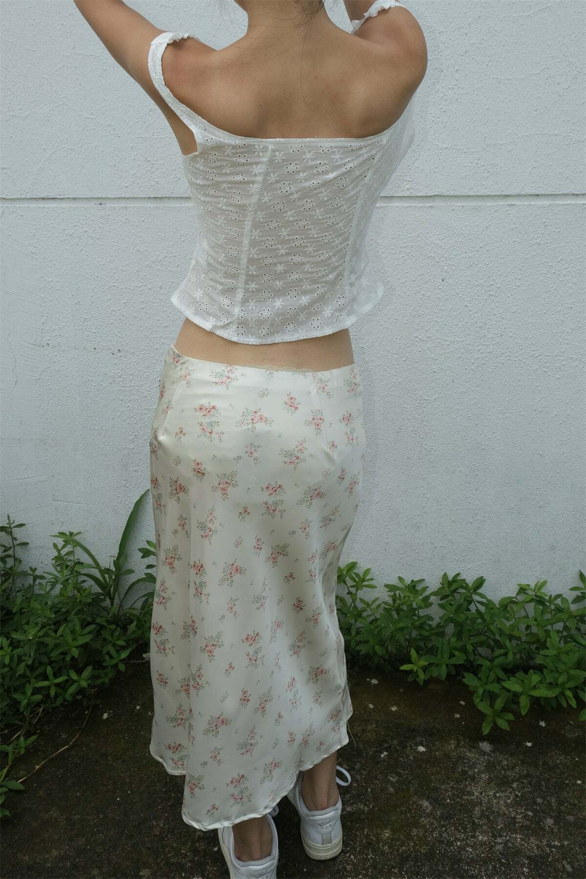 Y2K Floral Satin Midi Skirt & Top - Retro 90s Grunge Summer Outfit, Pastel Goth Y2K Fashion