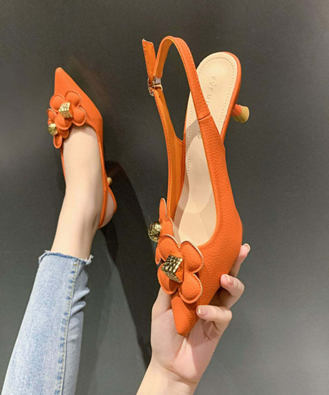 Y2K Floral Sequined Orange Stiletto Sandals - Retro 90s Grunge Party & Summer Outfits