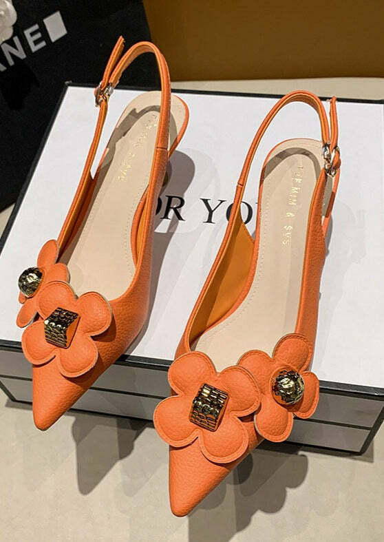 Y2K Floral Sequined Orange Stiletto Sandals - Retro 90s Grunge Party & Summer Outfits