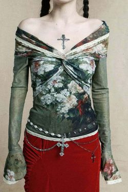 Y2K Floral Sheer Lace Trim Bardot Top - 90s Grunge Summer Outfit, Retro Y2K Fashion