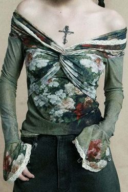Y2K Floral Sheer Lace Trim Bardot Top - 90s Grunge Summer Outfit, Retro Y2K Fashion