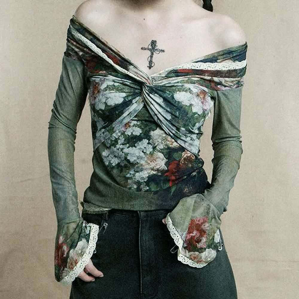 Y2K Floral Sheer Lace Trim Bardot Top - 90s Grunge Summer Outfit, Retro Y2K Fashion