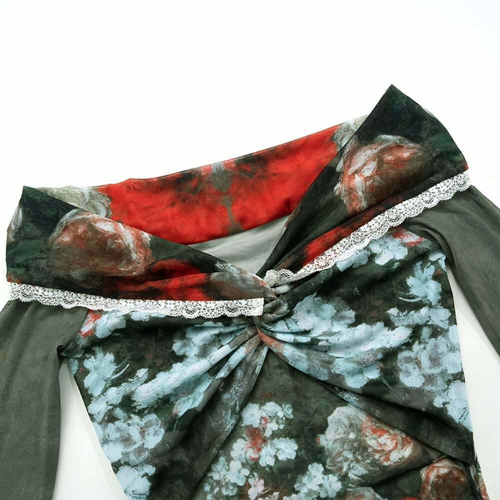 Y2K Floral Sheer Lace Trim Bardot Top - 90s Grunge Summer Outfit, Retro Y2K Fashion