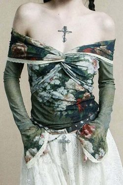 Y2K Floral Sheer Lace Trim Bardot Top - 90s Grunge Summer Outfit, Retro Y2K Fashion
