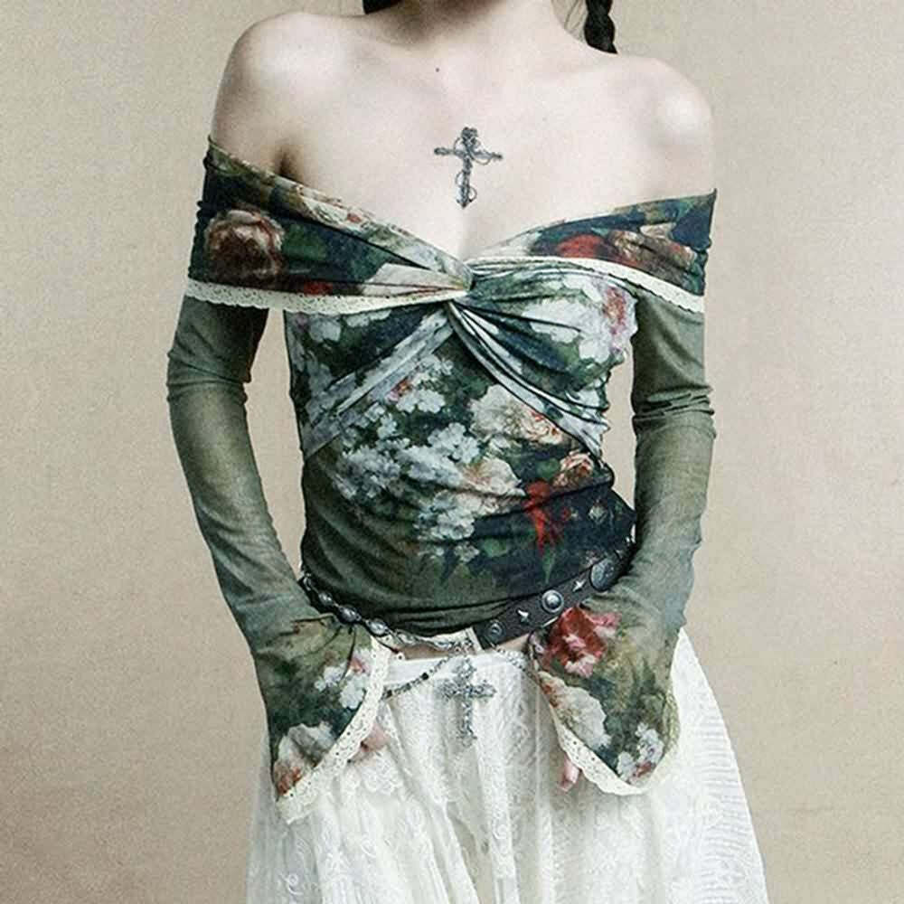 Y2K Floral Sheer Lace Trim Bardot Top - 90s Grunge Summer Outfit, Retro Y2K Fashion