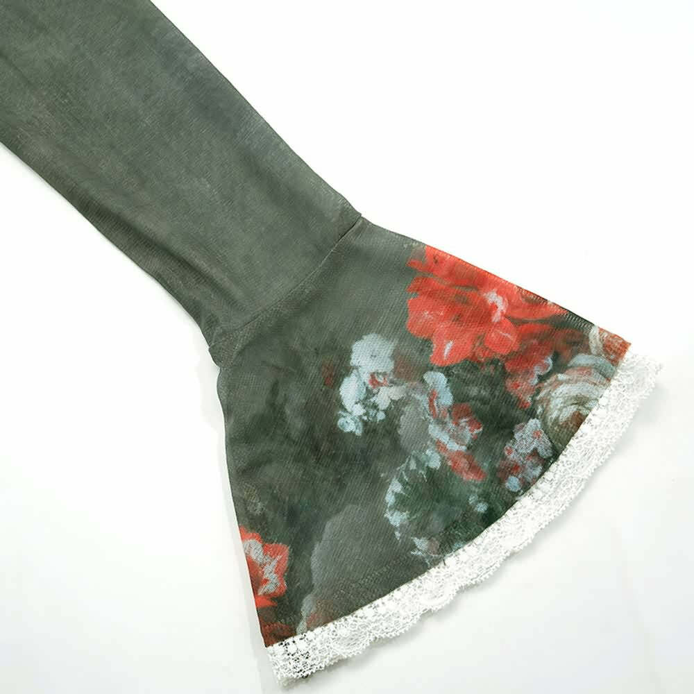 Y2K Floral Sheer Lace Trim Bardot Top - 90s Grunge Summer Outfit, Retro Y2K Fashion