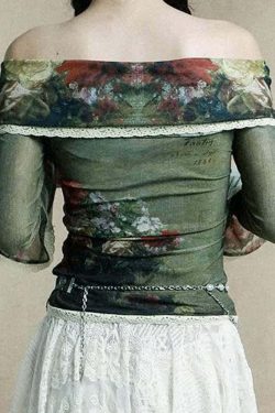 Y2K Floral Sheer Lace Trim Bardot Top - 90s Grunge Summer Outfit, Retro Y2K Fashion