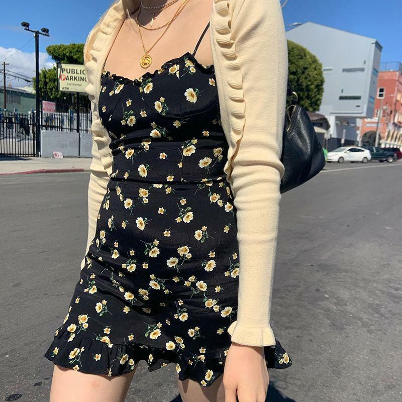 Y2K Floral Spaghetti Strap Mini Dress - 90s Grunge Summer Outfit, Retro Y2K Fashion