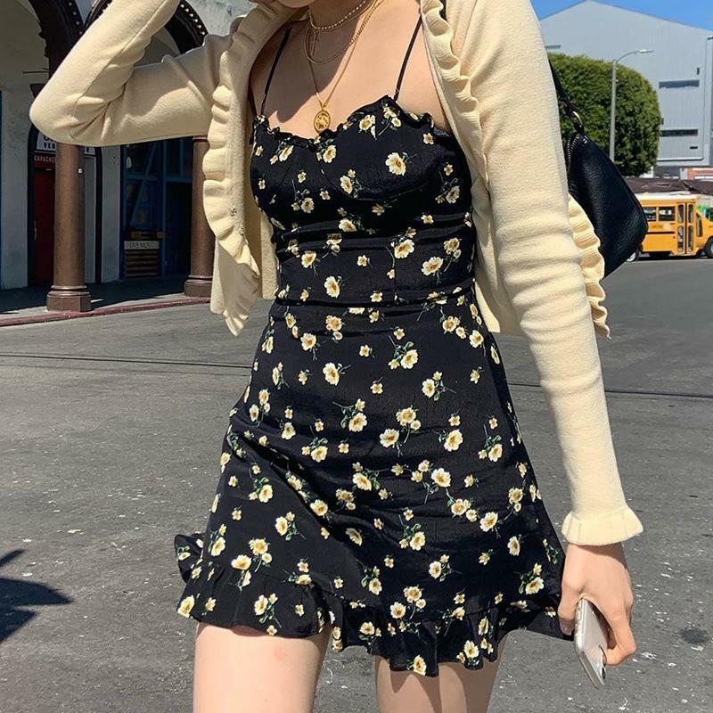 Y2K Floral Spaghetti Strap Mini Dress - 90s Grunge Summer Outfit, Retro Y2K Fashion