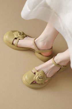 Y2K Floral Splicing Chunky Sandals - Yellow Faux Leather, Retro 90s Grunge Summer Fashion