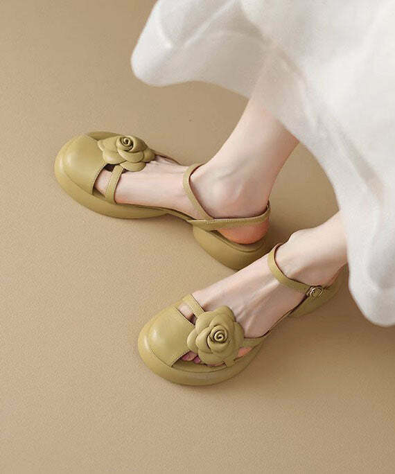 Y2K Floral Splicing Chunky Sandals - Yellow Faux Leather, Retro 90s Grunge Summer Fashion