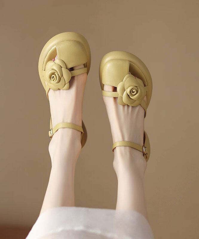 Y2K Floral Splicing Chunky Sandals - Yellow Faux Leather, Retro 90s Grunge Summer Fashion