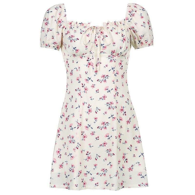 Y2K Floral White Mini Dress - 90s Grunge Summer Outfit, Retro Party & Club Fashion