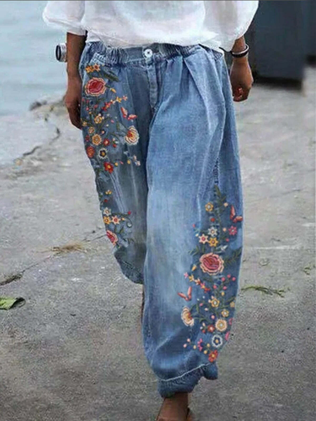Y2K Floral Wide Leg Elastic Pants - 90s Grunge Summer Outfit, Retro Y2K Fashion
