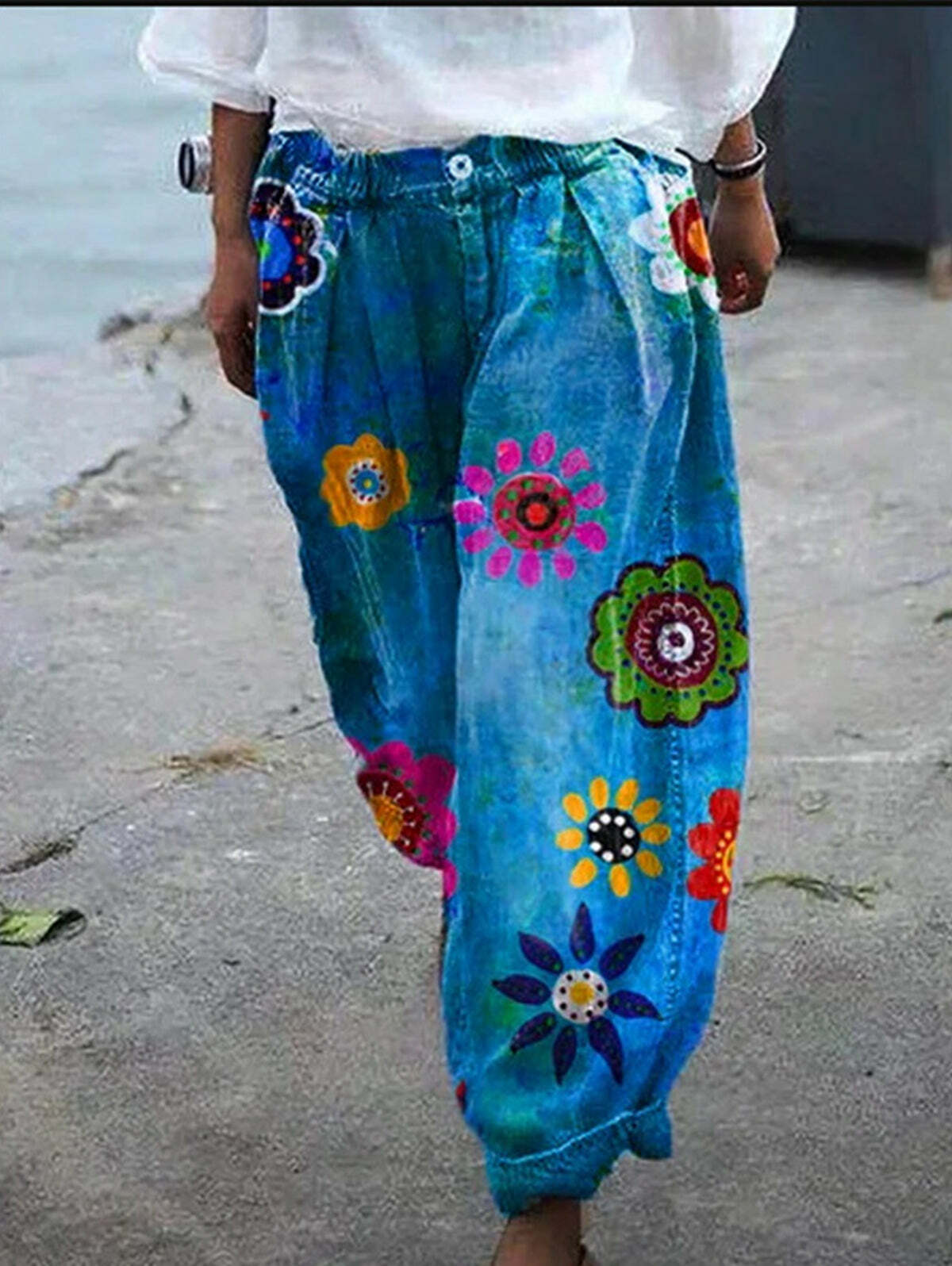 Y2K Floral Wide Leg Elastic Pants - 90s Grunge Summer Outfit, Retro Y2K Fashion