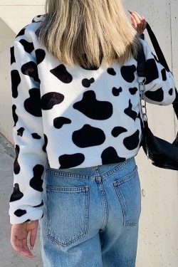 Y2K Fluffy Cow Pattern Jacket - Retro 90s Grunge, Pastel Goth, Summer & Party Outfits