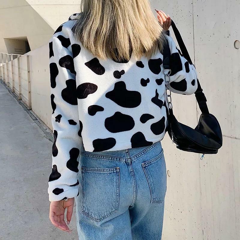 Y2K Fluffy Cow Pattern Jacket - Retro 90s Grunge, Pastel Goth, Summer & Party Outfits