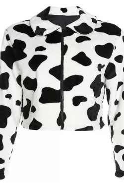 Y2K Fluffy Cow Pattern Jacket - Retro 90s Grunge, Pastel Goth, Summer & Party Outfits