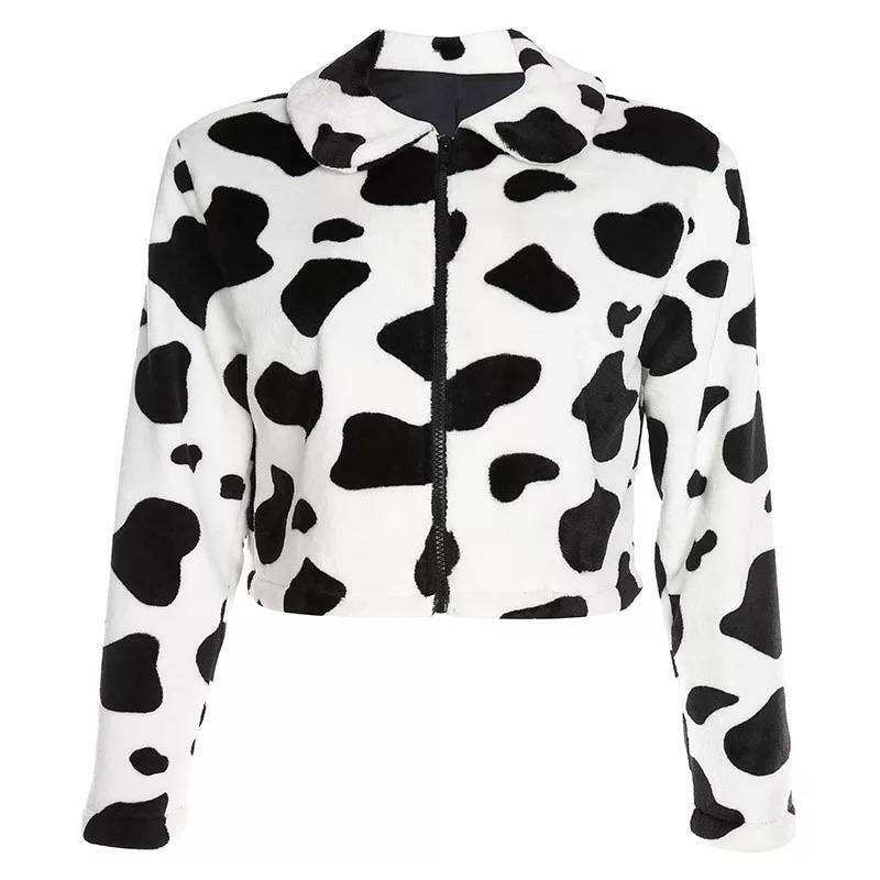 Y2K Fluffy Cow Pattern Jacket - Retro 90s Grunge, Pastel Goth, Summer & Party Outfits