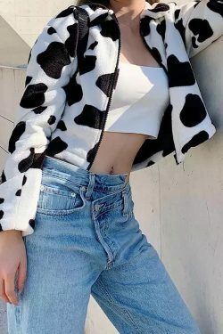 Y2K Fluffy Cow Pattern Jacket - Retro 90s Grunge, Pastel Goth, Summer & Party Outfits