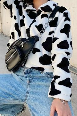 Y2K Fluffy Cow Pattern Jacket - Retro 90s Grunge, Pastel Goth, Summer & Party Outfits