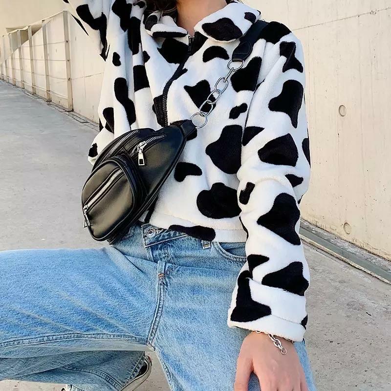 Y2K Fluffy Cow Pattern Jacket - Retro 90s Grunge, Pastel Goth, Summer & Party Outfits