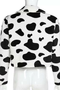 Y2K Fluffy Cow Pattern Jacket - Retro 90s Grunge, Pastel Goth, Summer & Party Outfits
