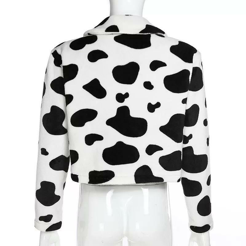 Y2K Fluffy Cow Pattern Jacket - Retro 90s Grunge, Pastel Goth, Summer & Party Outfits