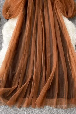 Y2K French Coffee Square Collar Tulle Patchwork Dress - 90s Grunge Lantern Sleeve Summer Outfit