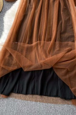 Y2K French Coffee Square Collar Tulle Patchwork Dress - 90s Grunge Lantern Sleeve Summer Outfit