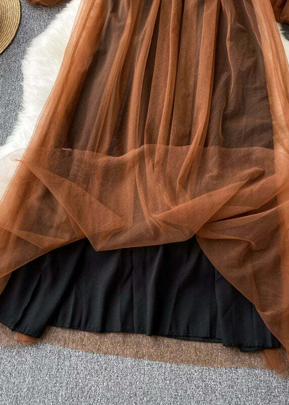 Y2K French Coffee Square Collar Tulle Patchwork Dress - 90s Grunge Lantern Sleeve Summer Outfit