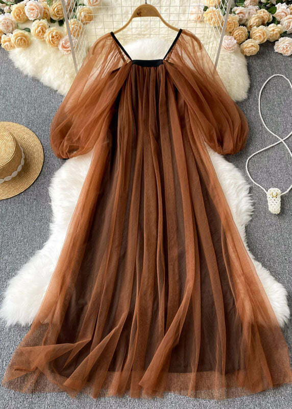 Y2K French Coffee Square Collar Tulle Patchwork Dress - 90s Grunge Lantern Sleeve Summer Outfit