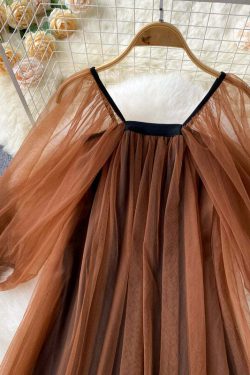 Y2K French Coffee Square Collar Tulle Patchwork Dress - 90s Grunge Lantern Sleeve Summer Outfit