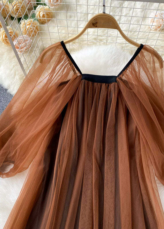 Y2K French Coffee Square Collar Tulle Patchwork Dress - 90s Grunge Lantern Sleeve Summer Outfit