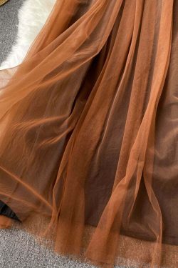 Y2K French Coffee Square Collar Tulle Patchwork Dress - 90s Grunge Lantern Sleeve Summer Outfit