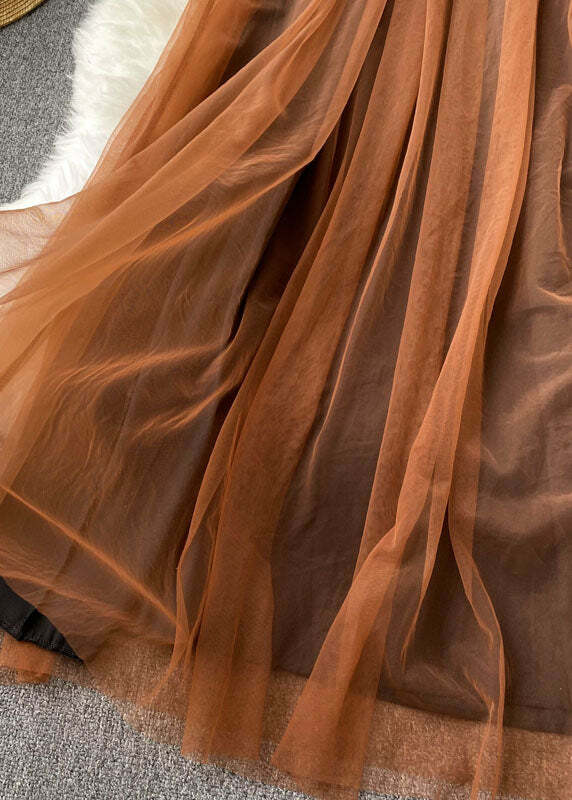 Y2K French Coffee Square Collar Tulle Patchwork Dress - 90s Grunge Lantern Sleeve Summer Outfit