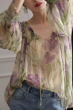Y2K French Green Print Lace Up Chiffon Blouse - 90s Grunge Long Sleeve Top for Summer Outfits